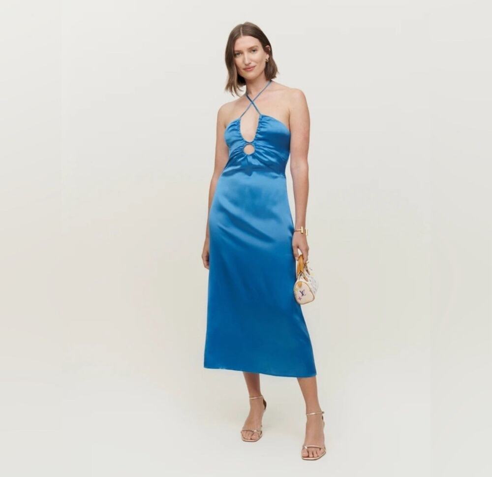 Reformation Blue Satin Halter Midi Dress
